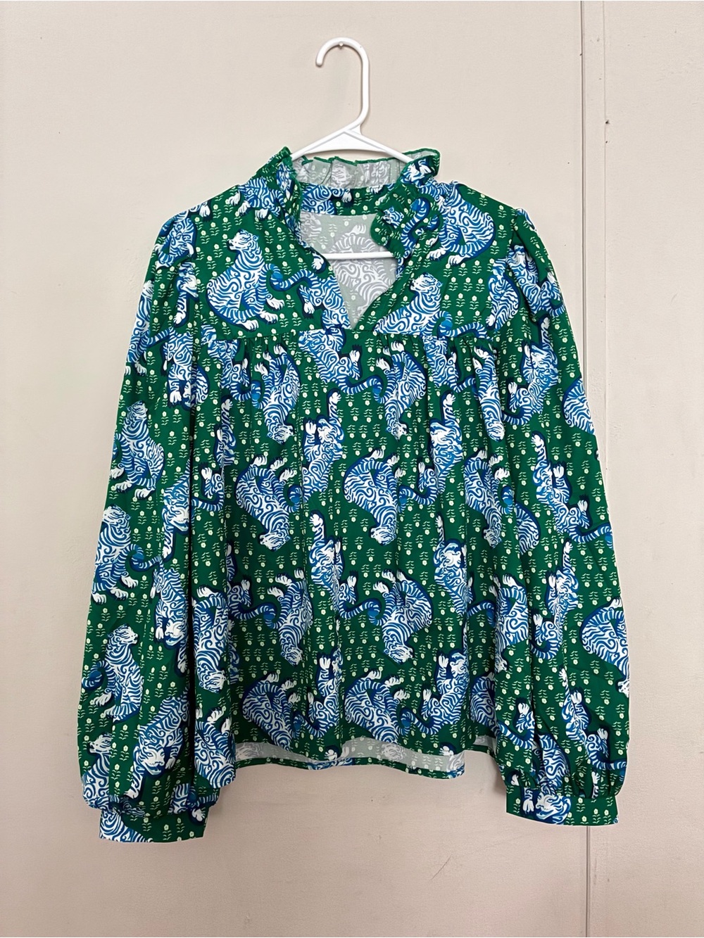 Green Printed Long-Sleeve Peasant Blouse